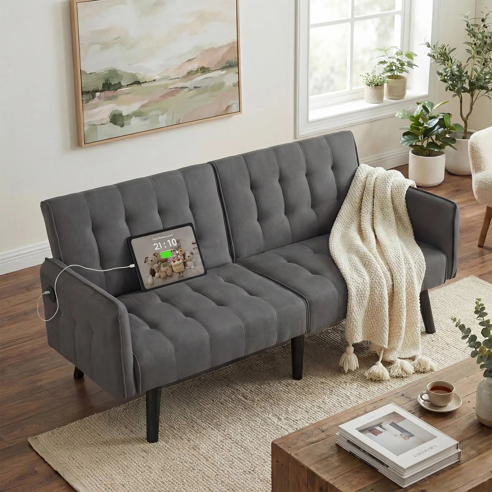 TYBOATLE Brown Faux Leather Futon Sofa Bed Convertible Sleeper Loveseat 2 USB Ports