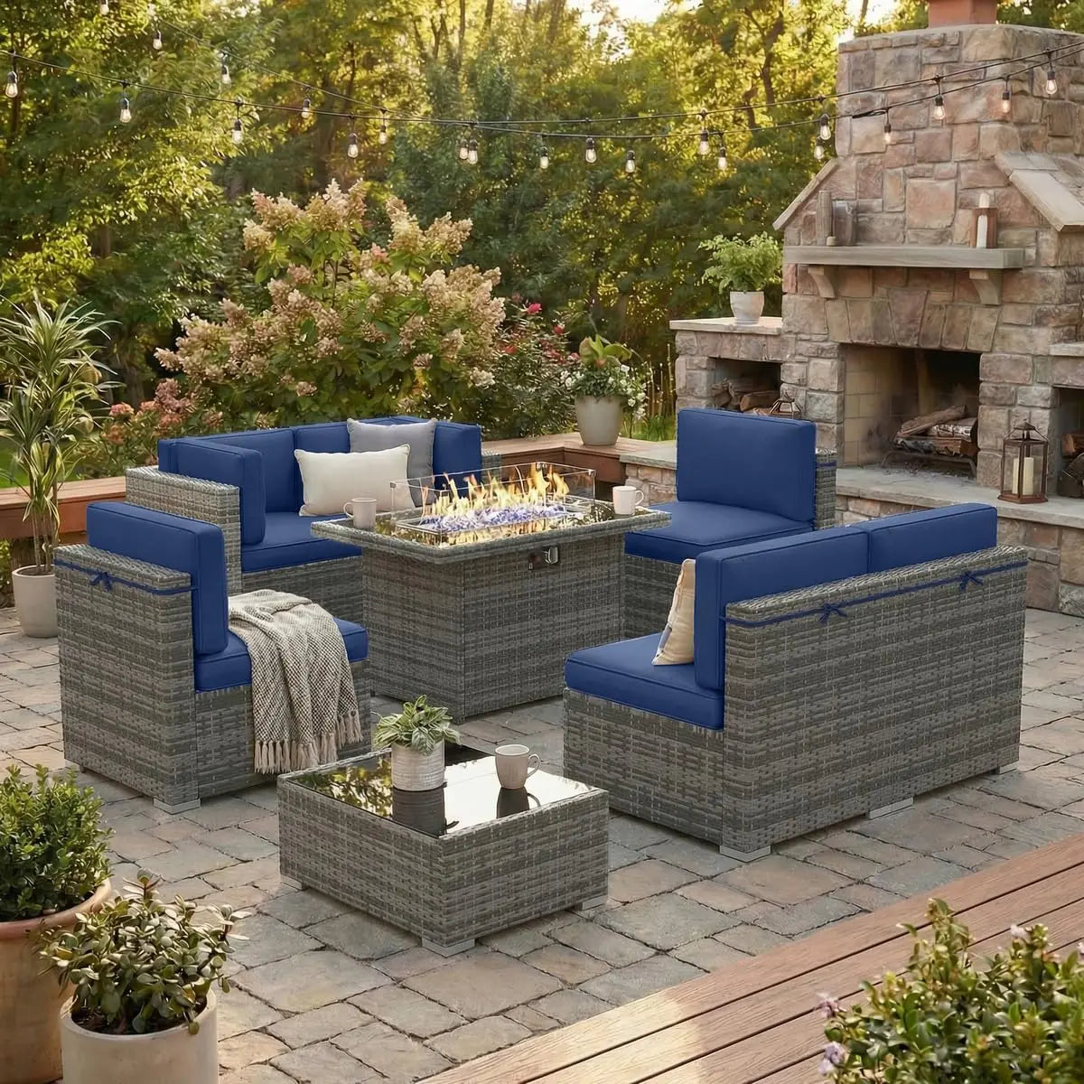 8 Pieces Outdoor Sectional Wicker Patio Furniture Set with 44" Propane Gas Fire Pit Table Customized