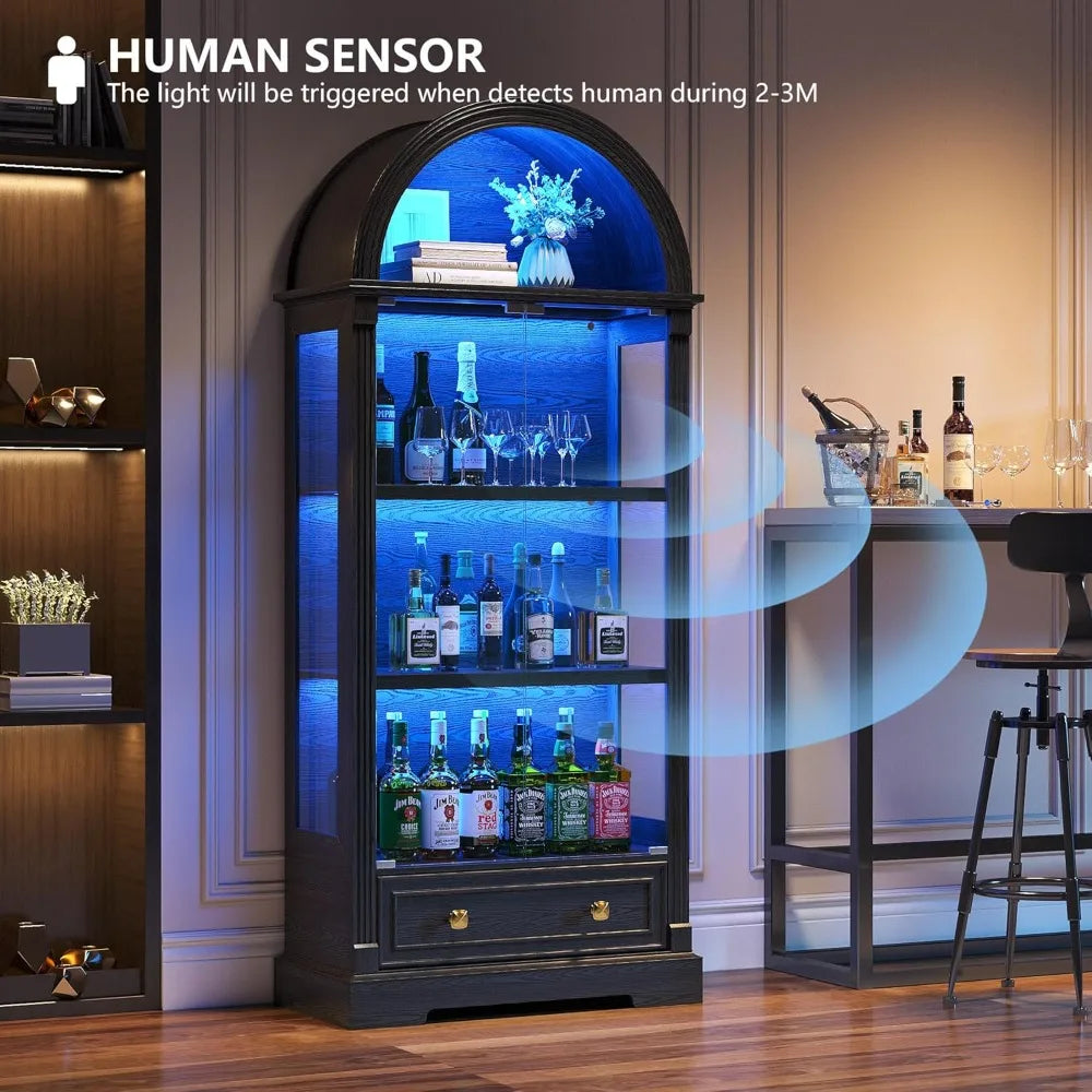 72" Black Curio 4-Tier Display Cabinet with Human Sensor Lights