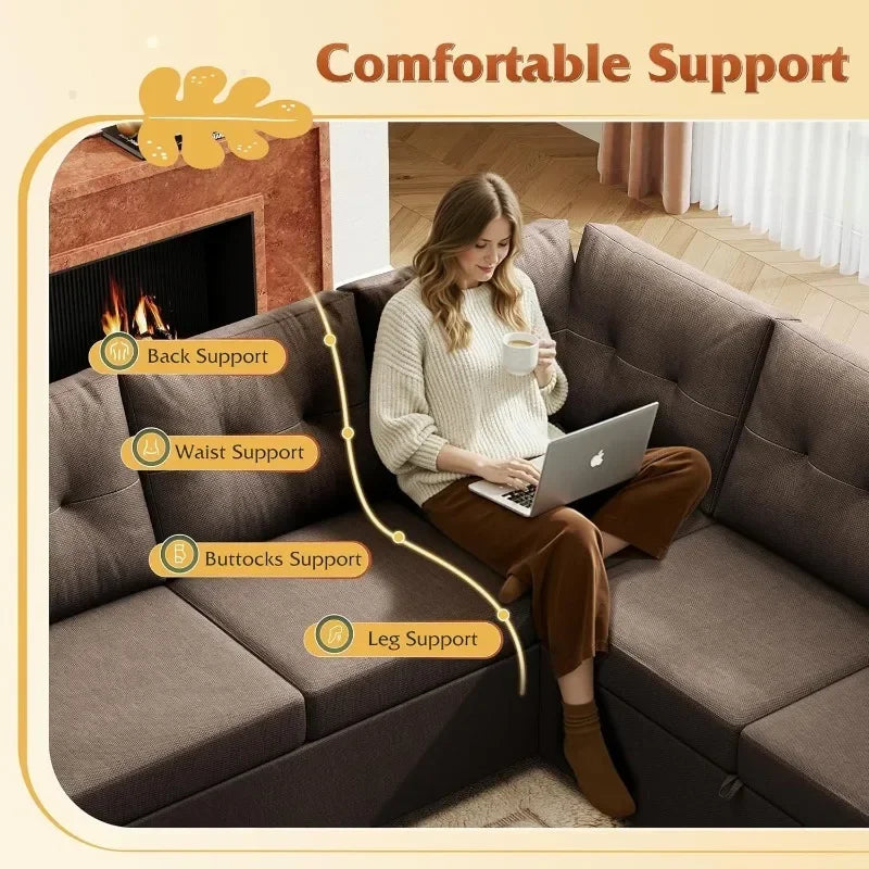 WLIVE 110 U Shaped Sectional 7 Seat Sleeper Sofa with Storage Chaise and Pillows