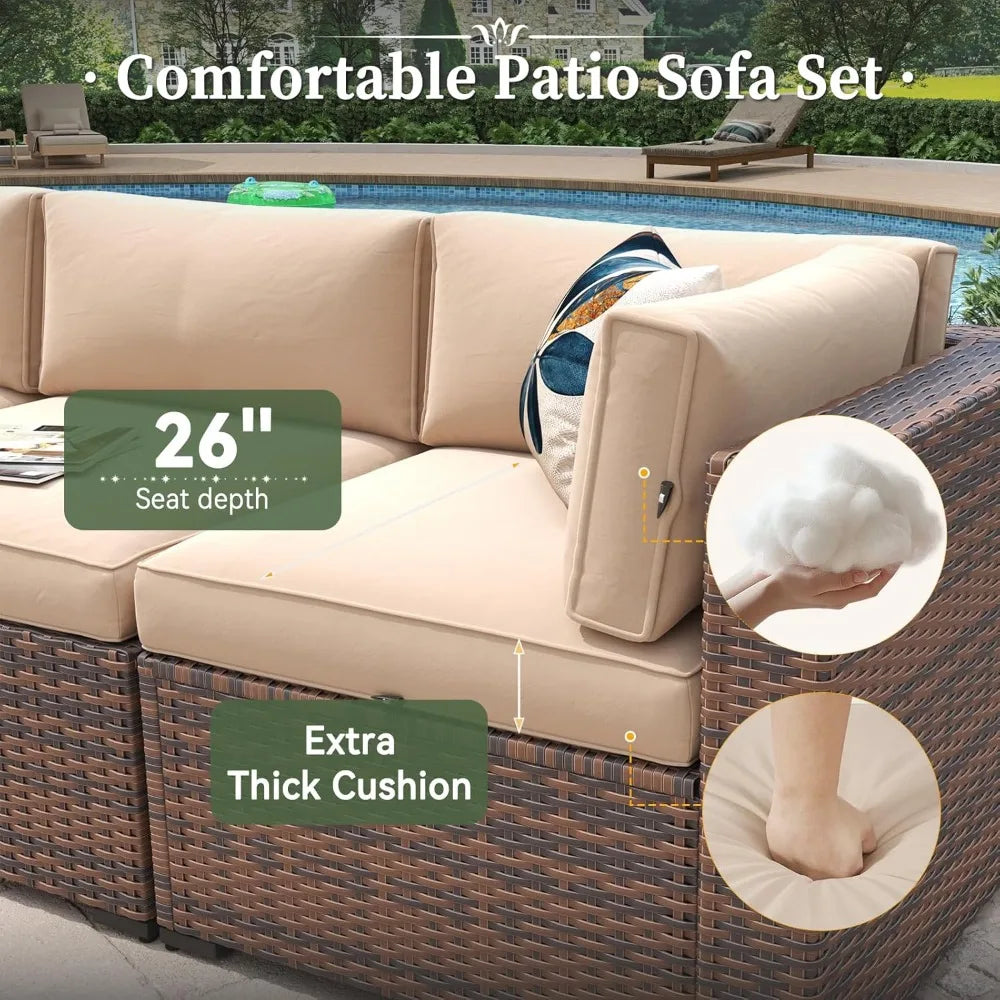 8 Piece Wicker Ratton Outdoor Sectional Patio Furniture Set with 44” Fire Pit Table