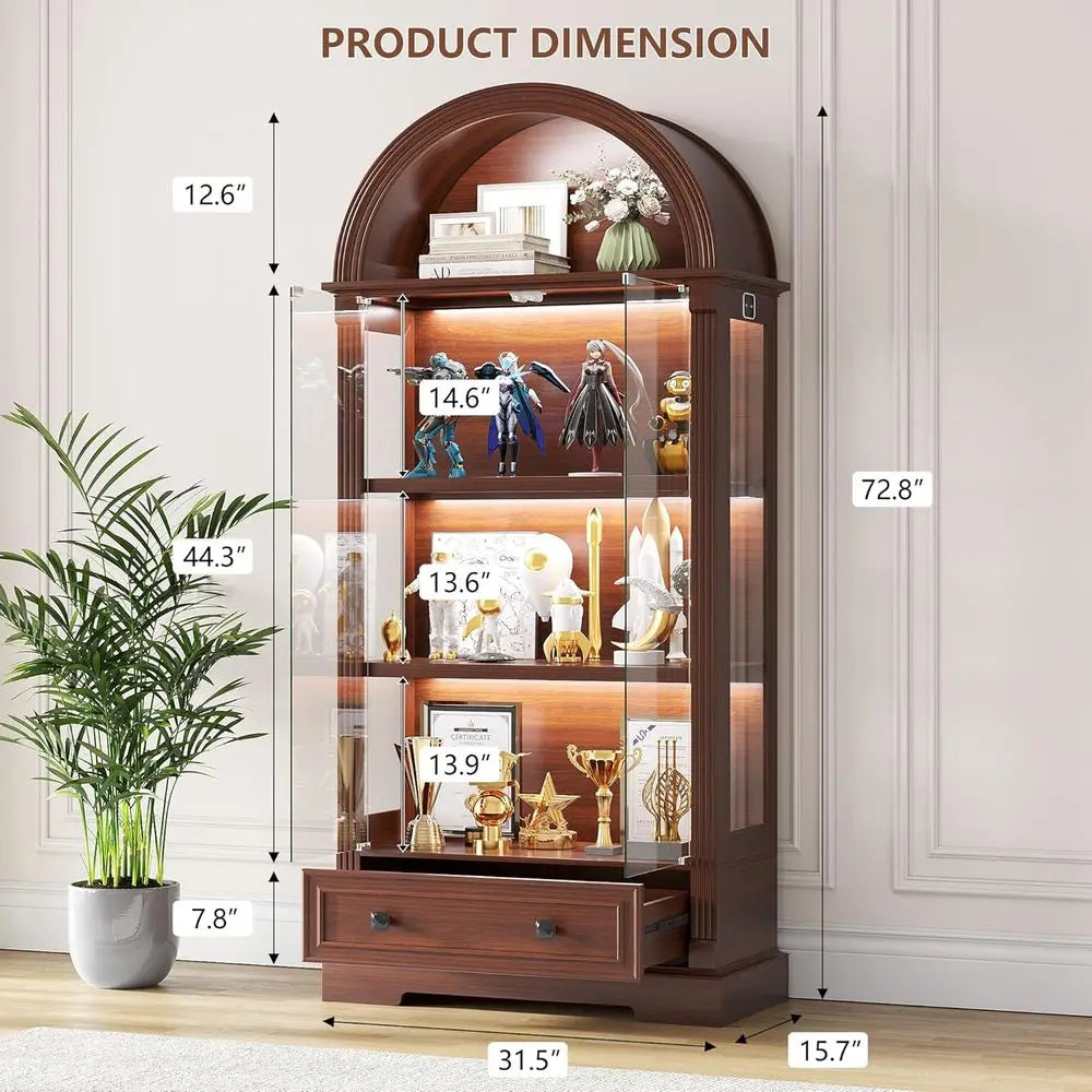 72" Tall Arched Display Cabinet, Human Sensor Lights, 4-Tier Large Shelves