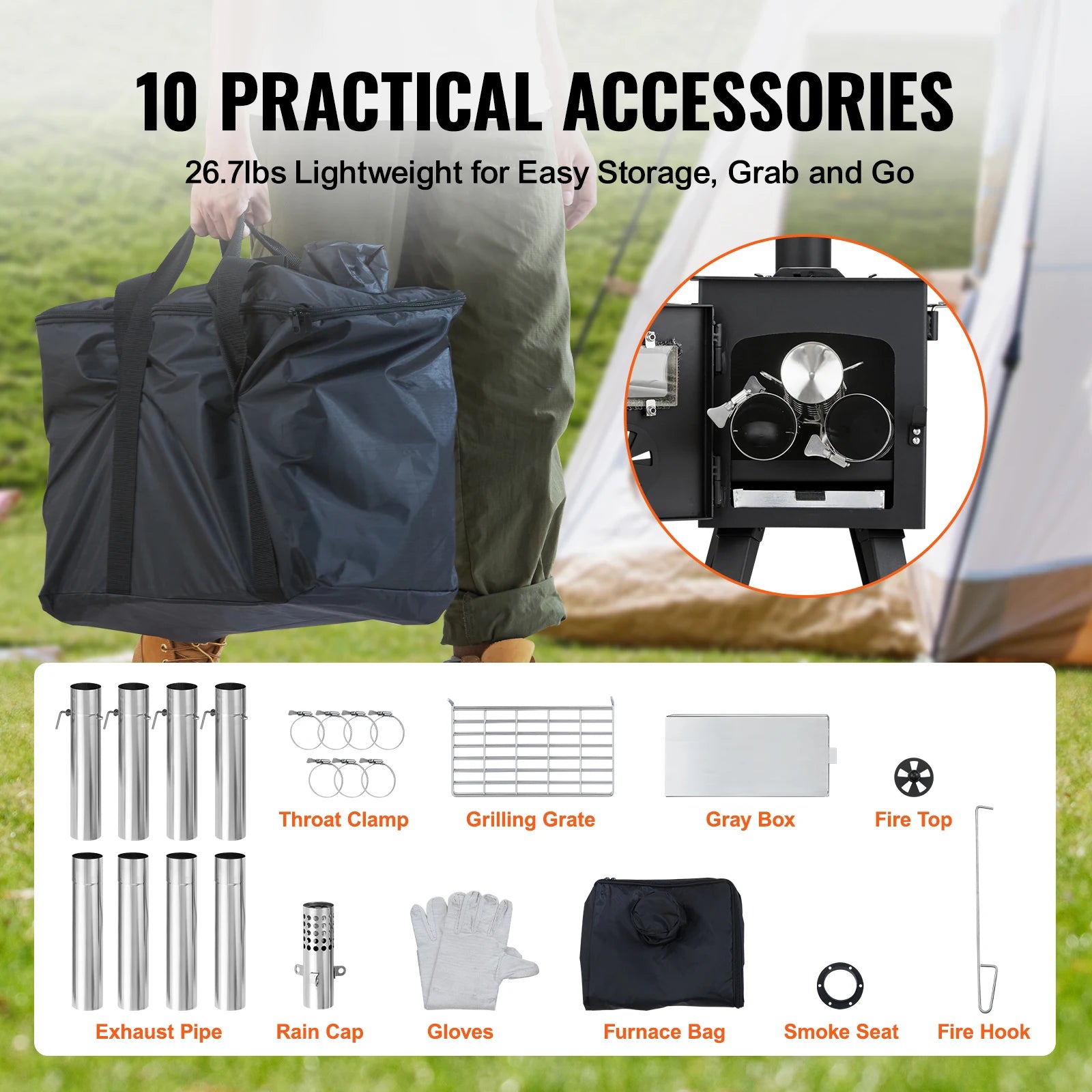 SucceBuy  86in Alloy Steel Camping Tent Wood Stove Portable with Chimney
