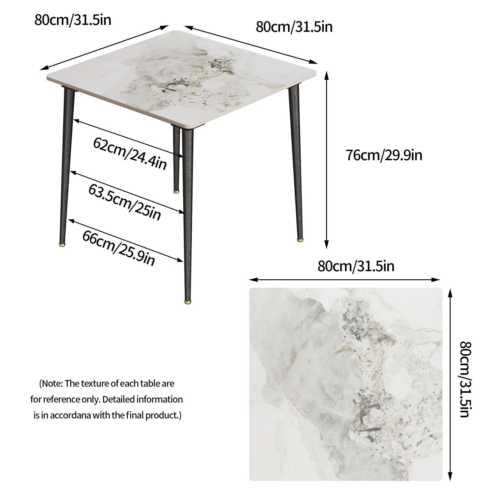 Square Marble Dining Table with Metal Legs for 4-6