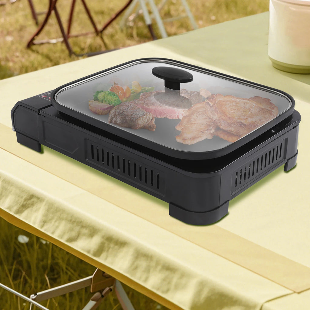 Portable Butane Gas Grill with Non-Stick Tempered Glass Lid for Kitchen