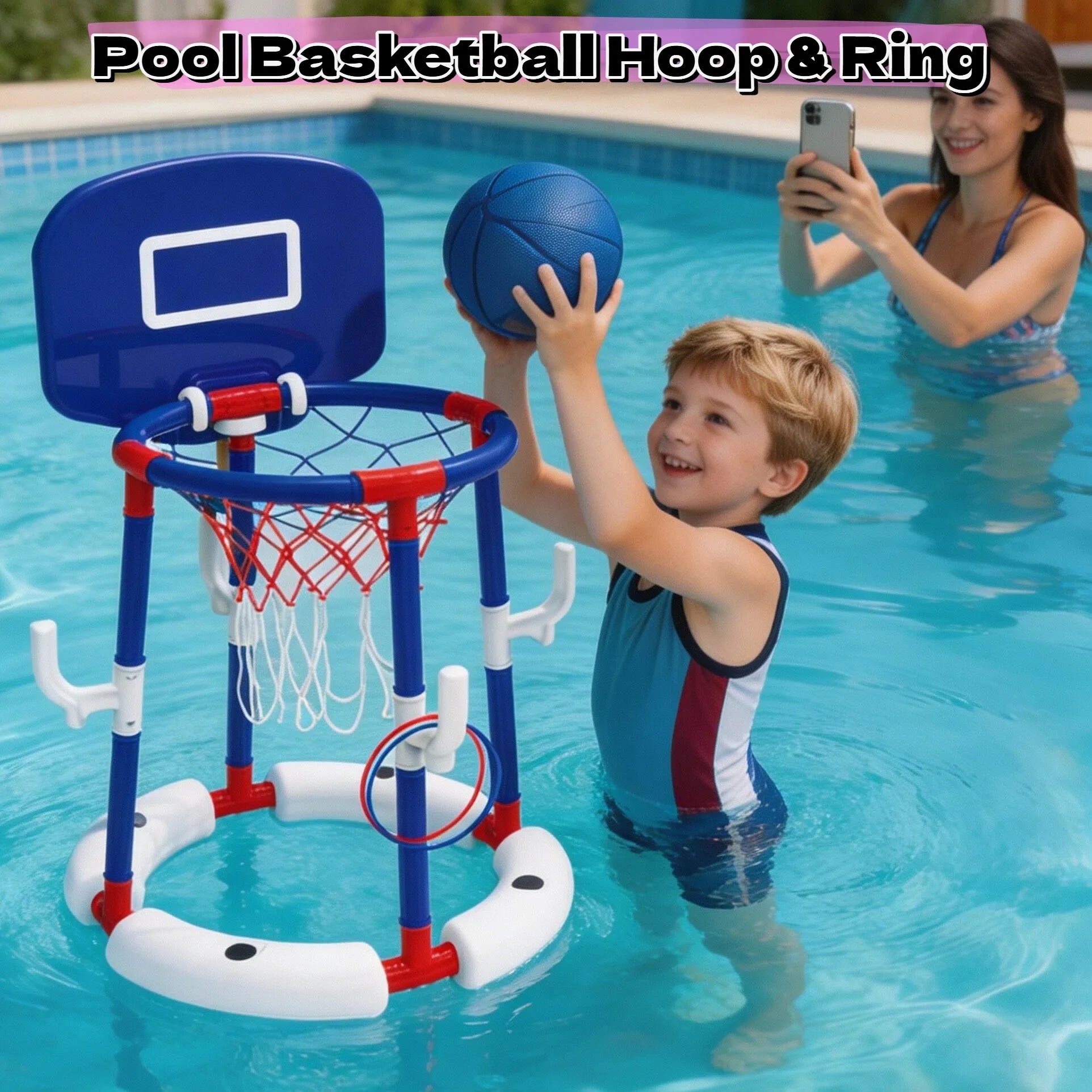 Floating Pool Basketball Hoop Set 2-in-1 Pool Game with Backboard & Ring Toss, Stable Anti-Tip Base, 2 Balls, Rings & Pump