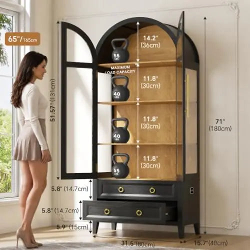 71" Curio Cabinet 4 Tier Shelving with LED Lights, Glass Doors and Drawers