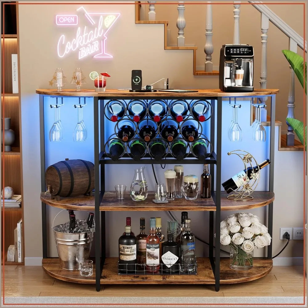 Liquor Cabinet with Glass & Wine Racks, Multi Color LED Light and USD Port