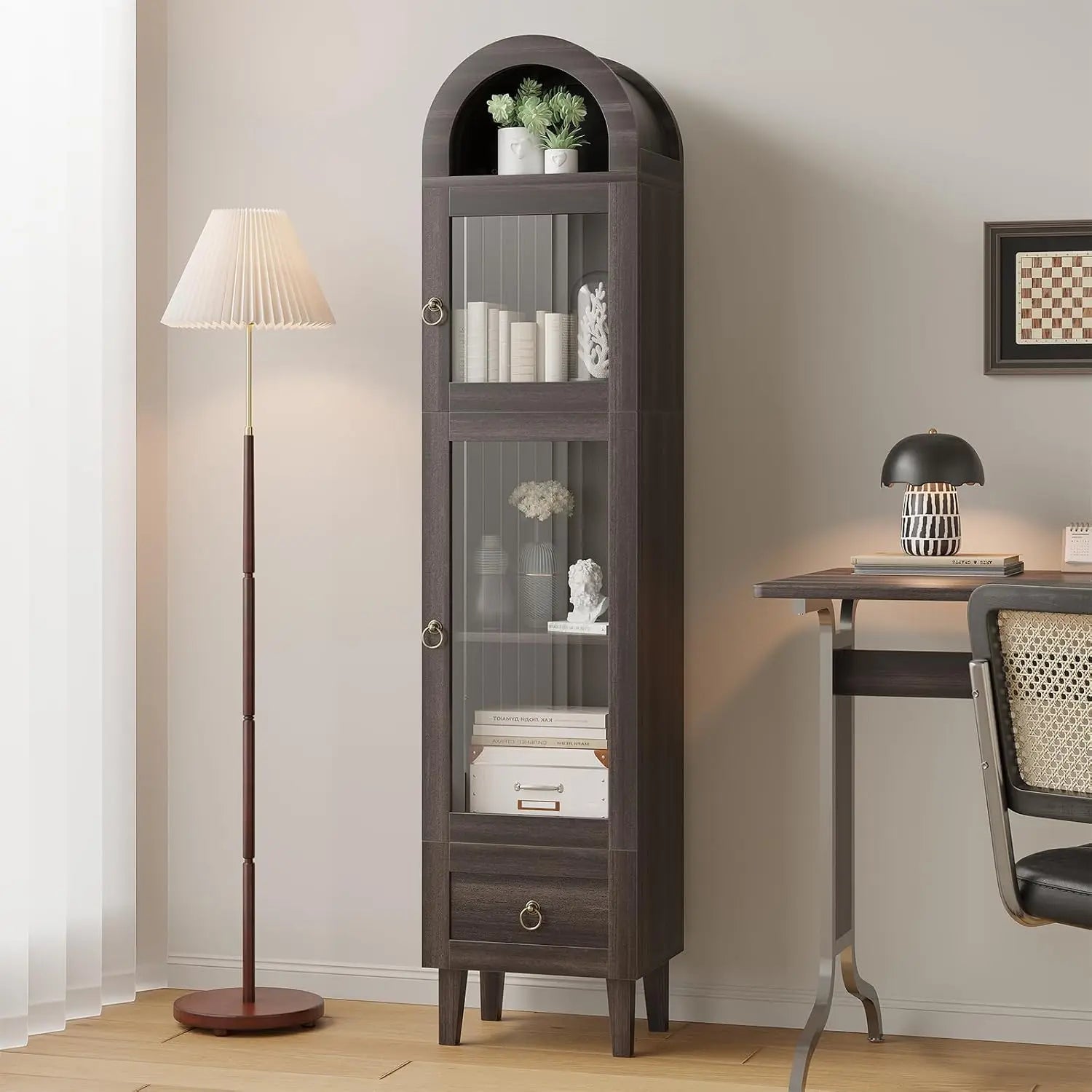 71" Tall Arched Cabinet with Acrylic Door, Modern Curio Arched Bookcase with Drawer, Display Cabinet Organizer