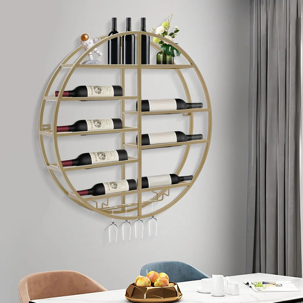BYMAOCAR Gold Wall Mount Wine Display Rack with Stemware Holders and 10 Wine Bottles Storage