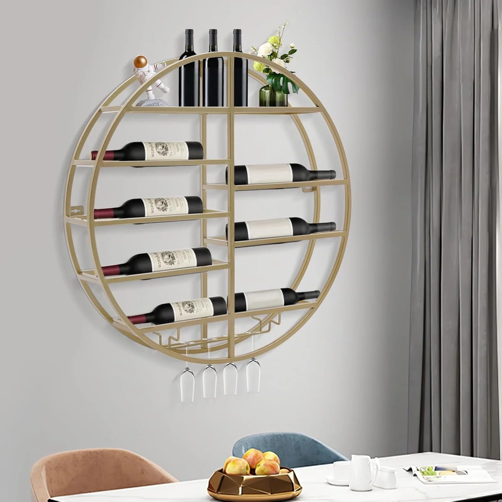 BYMAOCAR Gold Wall Mount Wine Display Rack with Stemware Holders and 10 Wine Bottles Storage