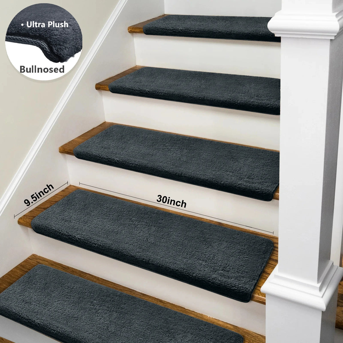 Bullnose Self-Adhesive Mats Non-Slip Stair Treads Ultra Plush Washable Decor