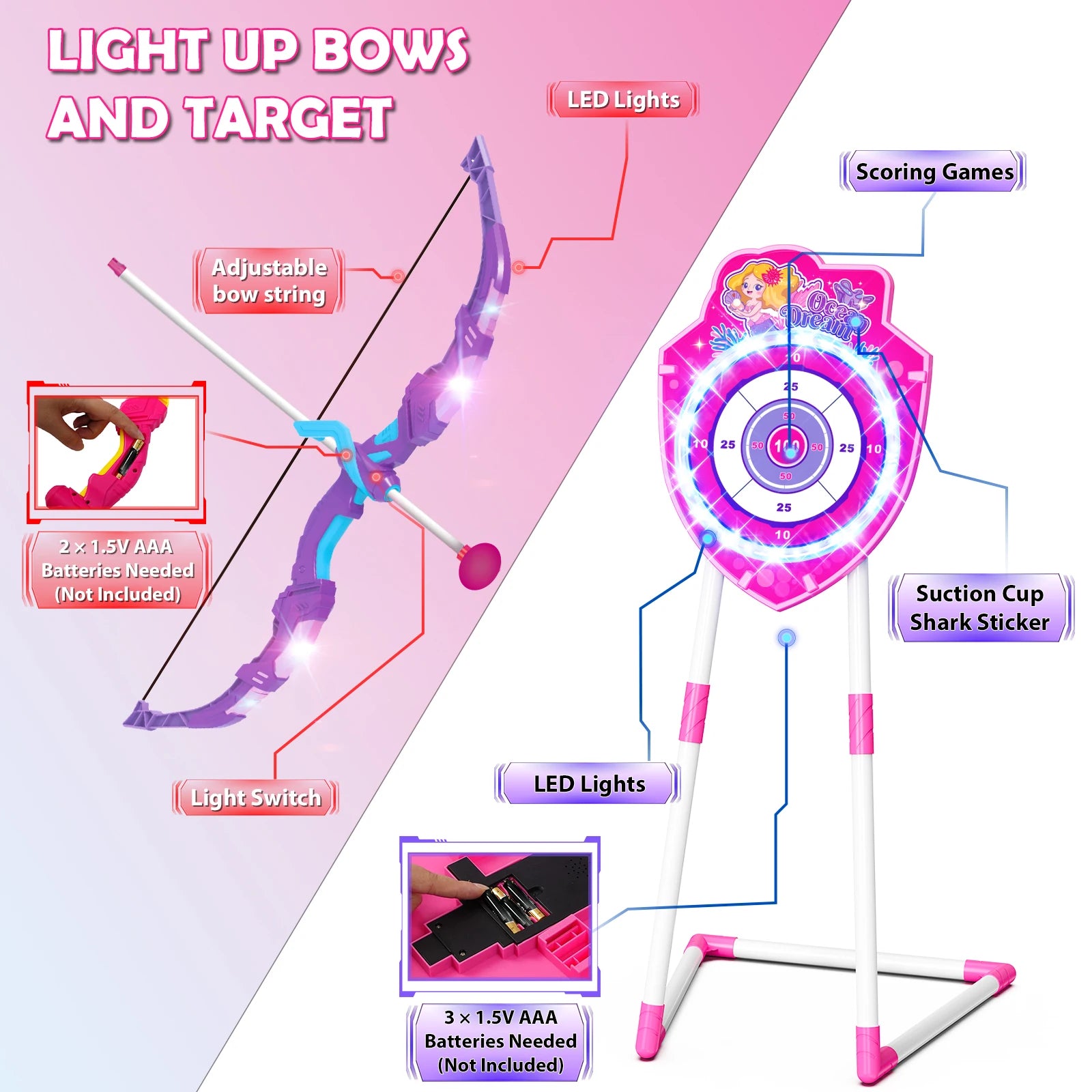 VATOS Night Light Bow & Arrow, Guns, and Archery Stand Target Board. Indoor and Outdoor Game for Girls