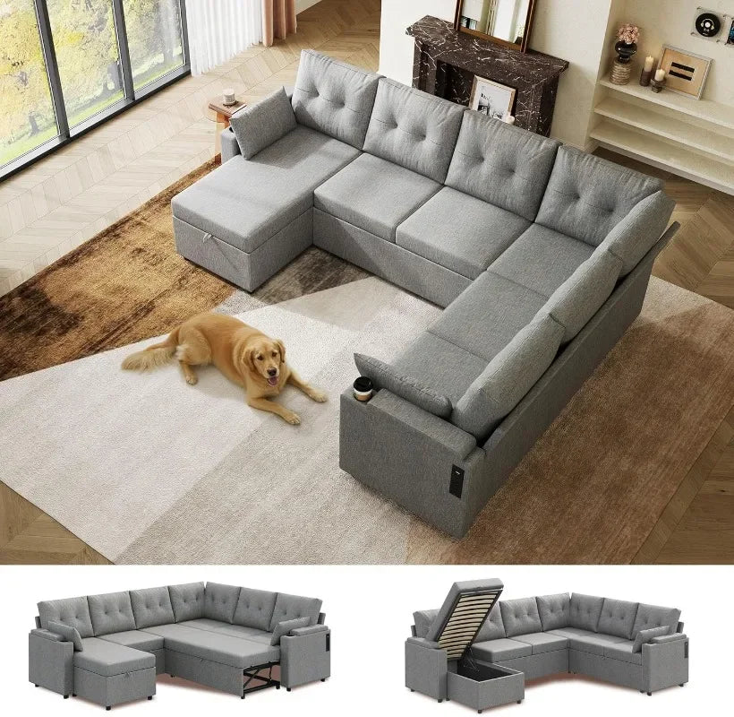WLIVE 110'' U Shape Sectional 7 Seat Sleeper Sofa with Storage Chaise and Pillows,