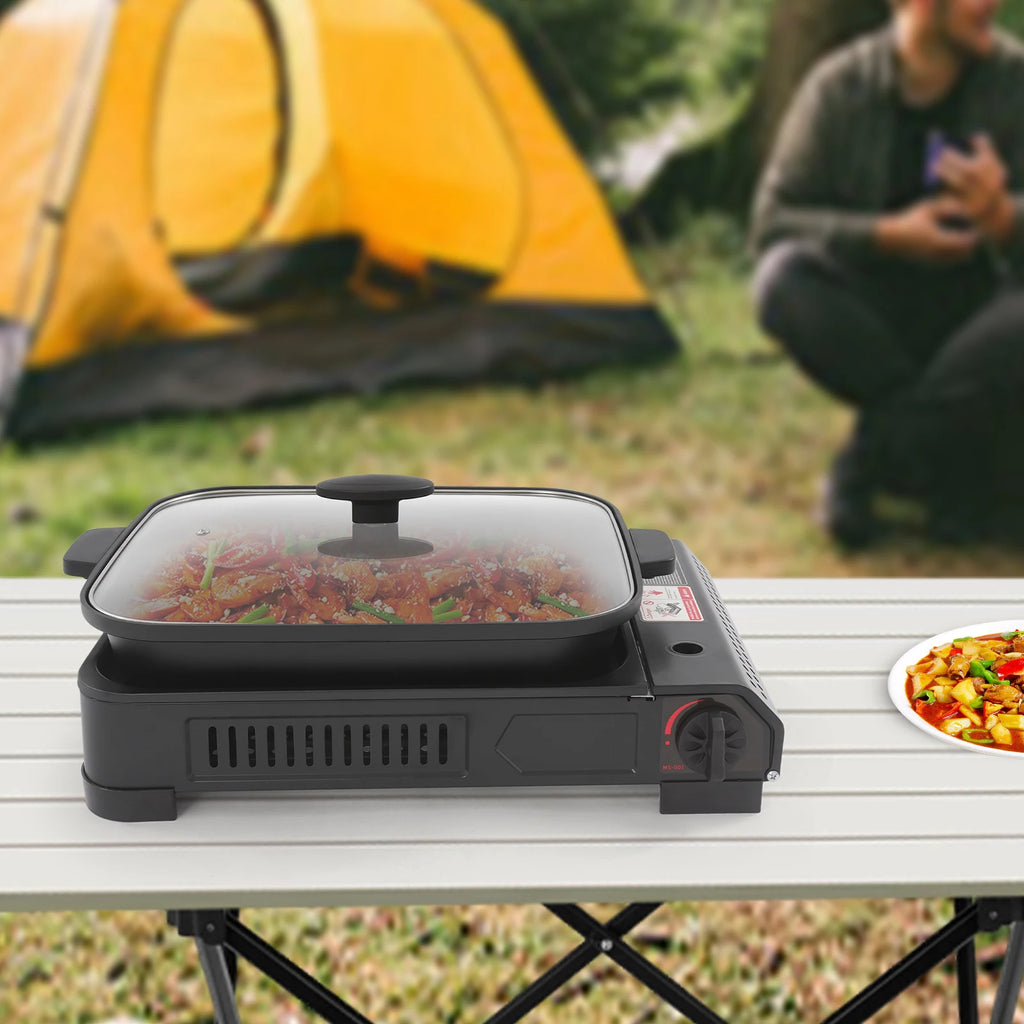 Portable Butane Gas Grill with Non-Stick Tempered Glass Lid for Kitchen