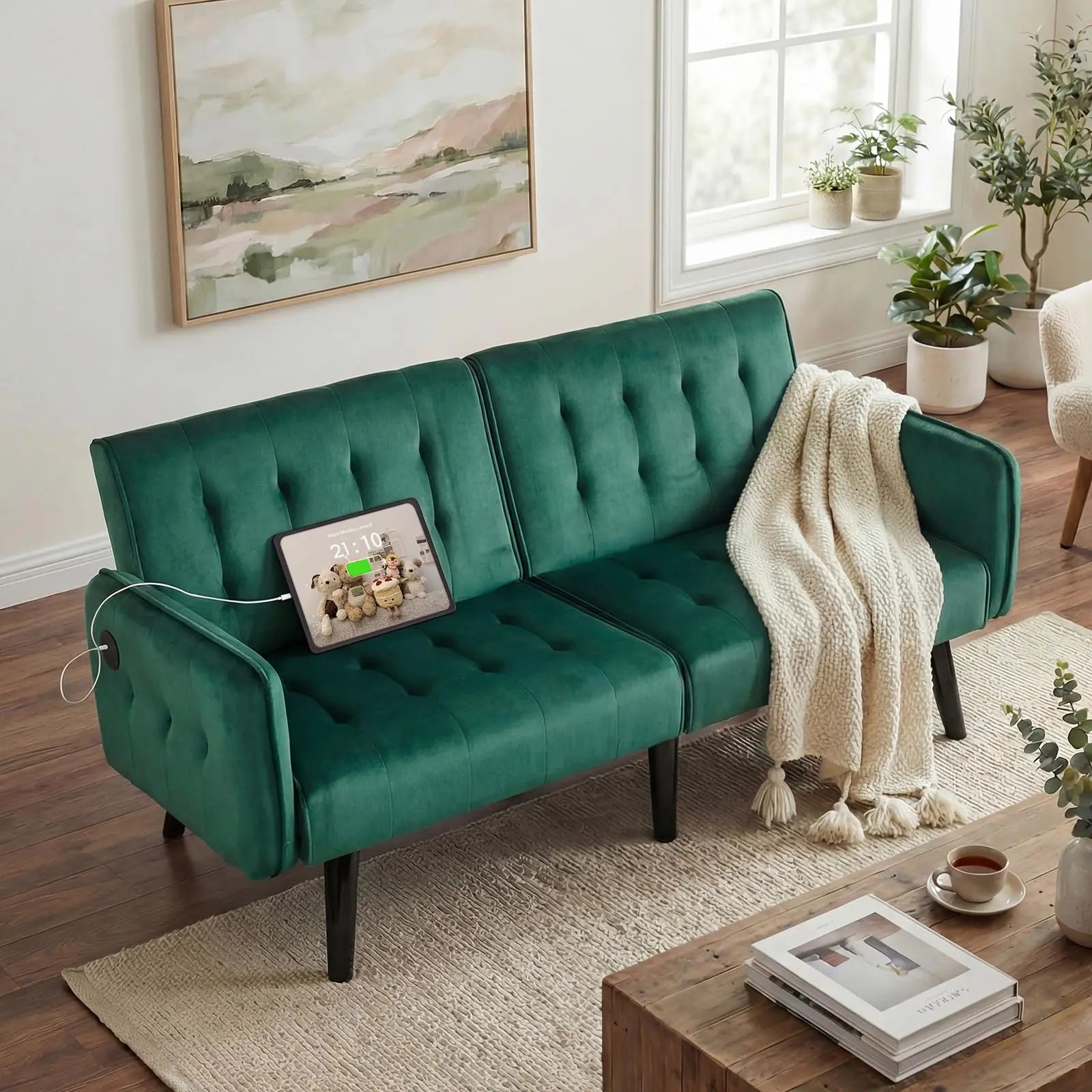 TYBOATLE Brown Faux Leather Futon Sofa Bed Convertible Sleeper Loveseat 2 USB Ports