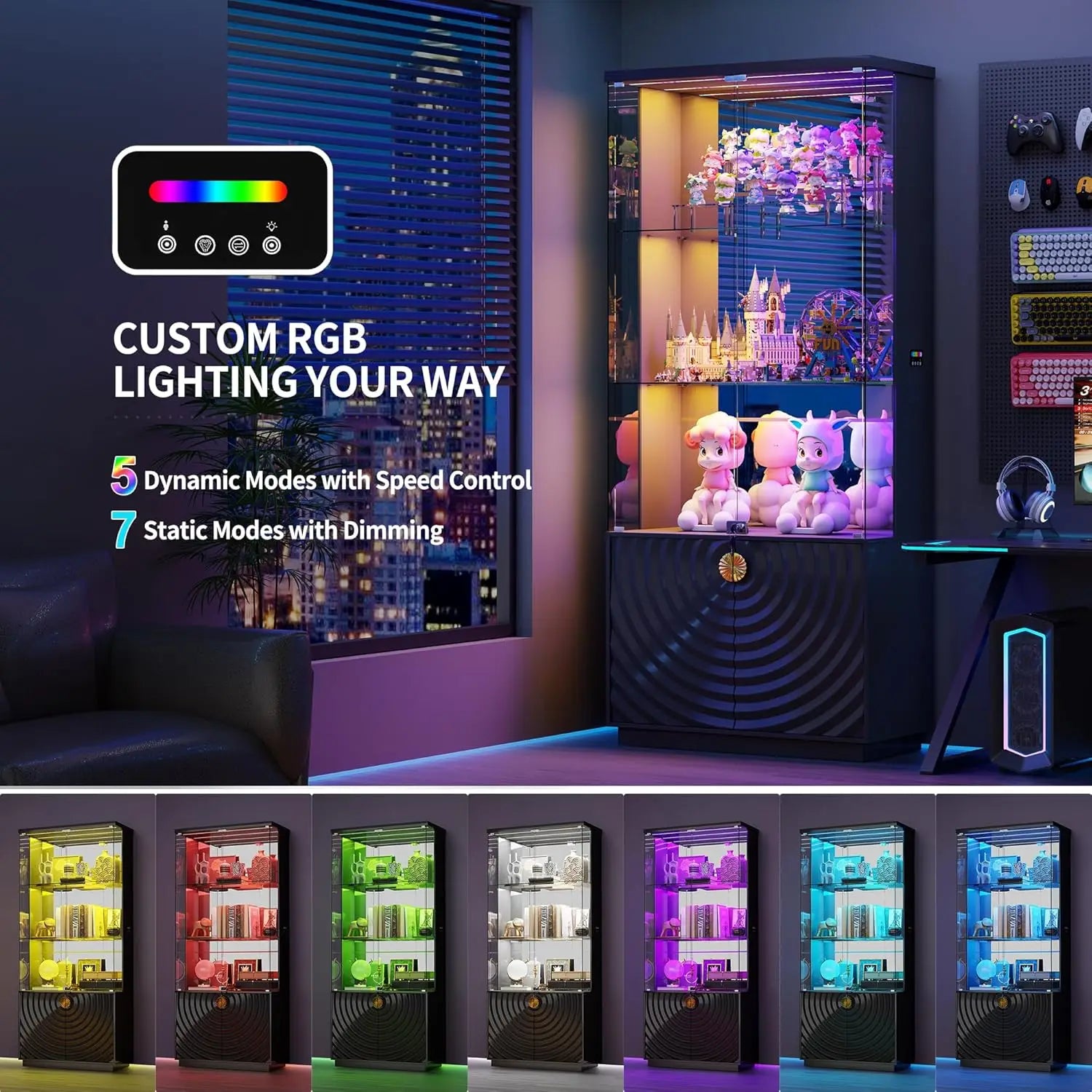 71'' Display Cabinet with Glass Doors,4-Tier Curio Cabinet with 3-Color Lights for Collectibles,Lockable Glass Display, Custom