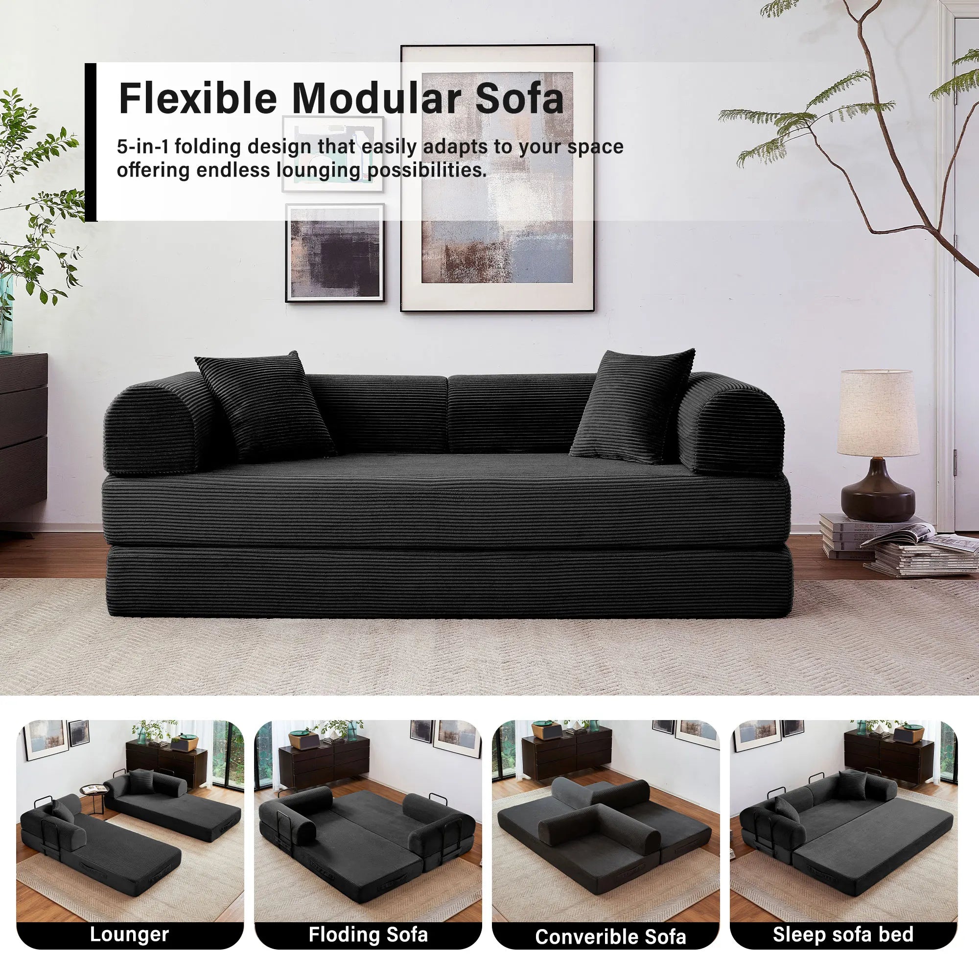 79'' Boneless Couch Convertible Futon Sleeper Sofa with L-Shaped Armrests