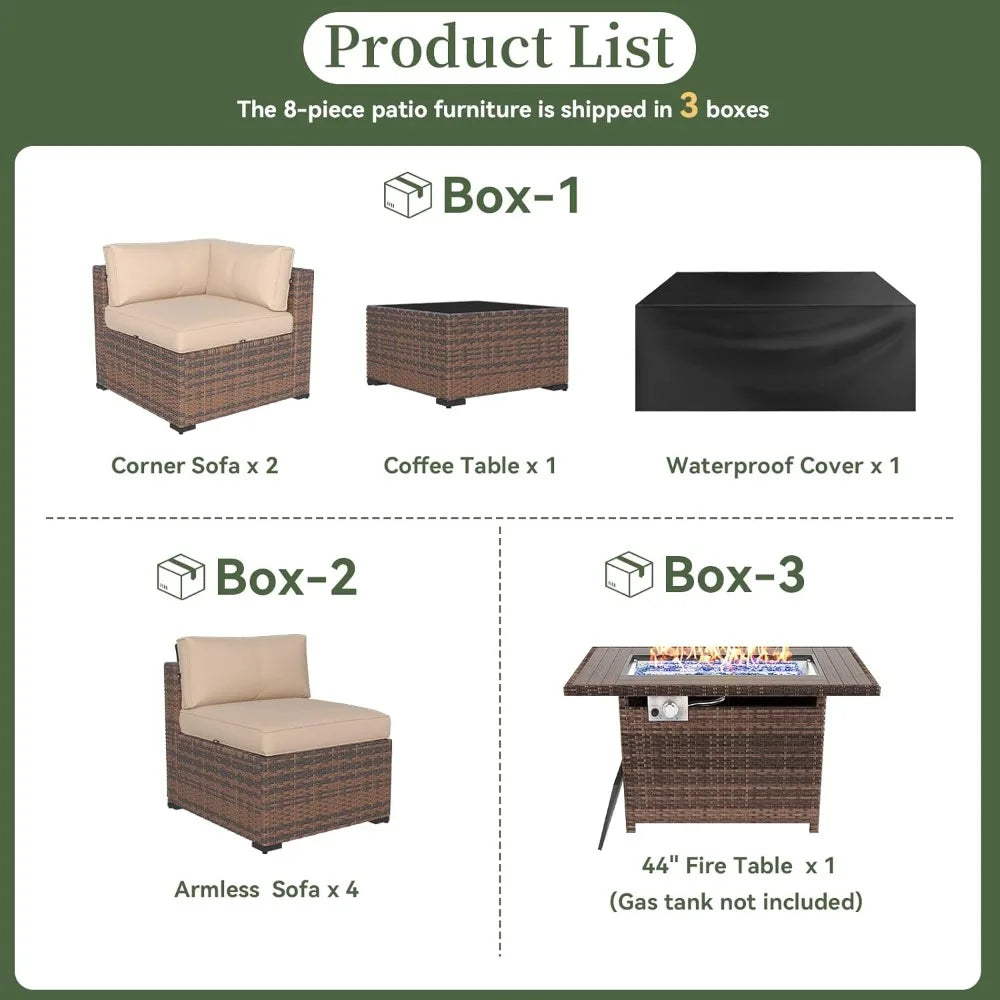 8 Piece Wicker Ratton Outdoor Sectional Patio Furniture Set with 44” Fire Pit Table