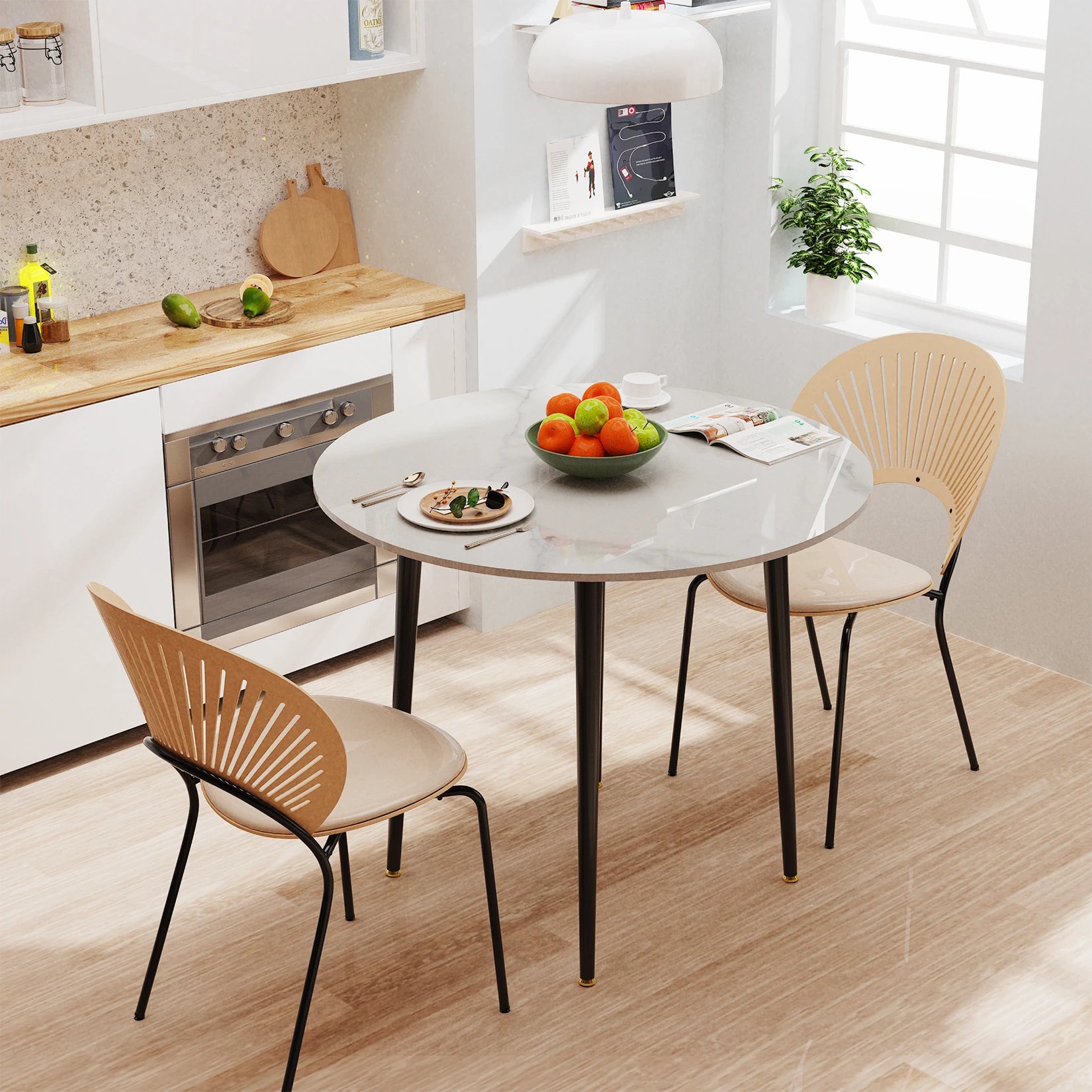 32" Round Sintered Marble/Stone Dining Table with Black Metal Legs for 2-4 People