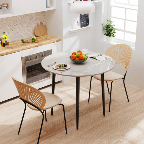 32" Round Sintered Marble/Stone Dining Table with Black Metal Legs for 2-4 People