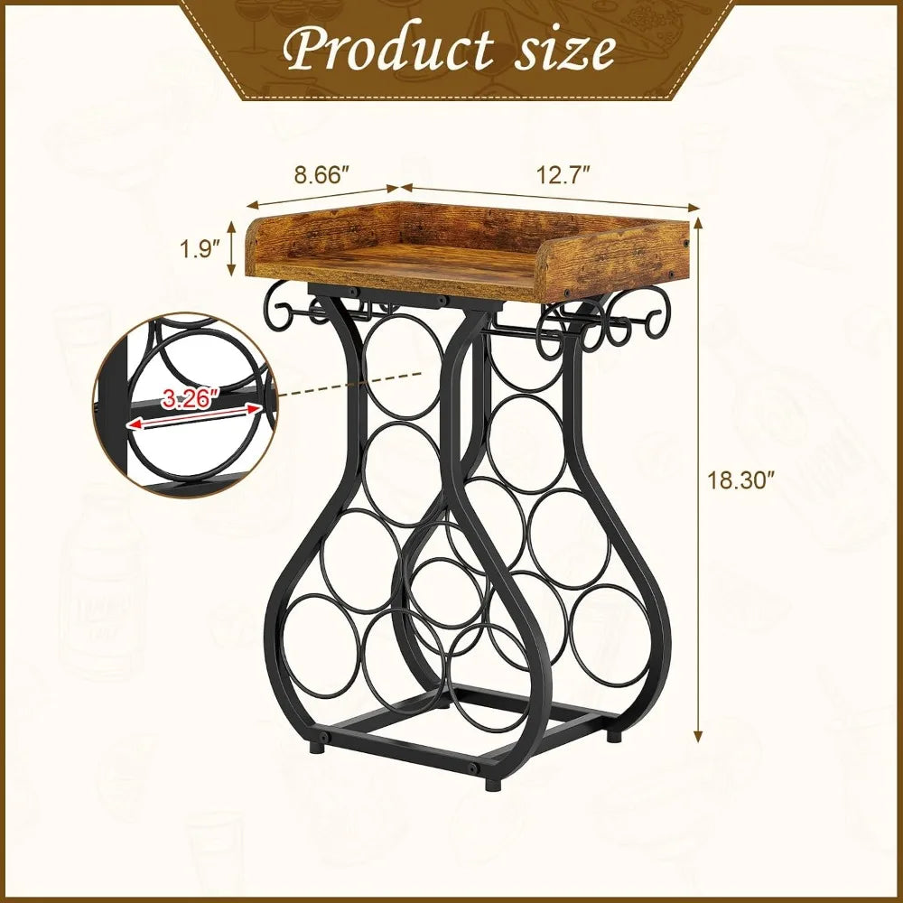 Rustic Wood Top 7 Bottles Wine Rack with Tabletop Surface 4 Glass Holder Storage