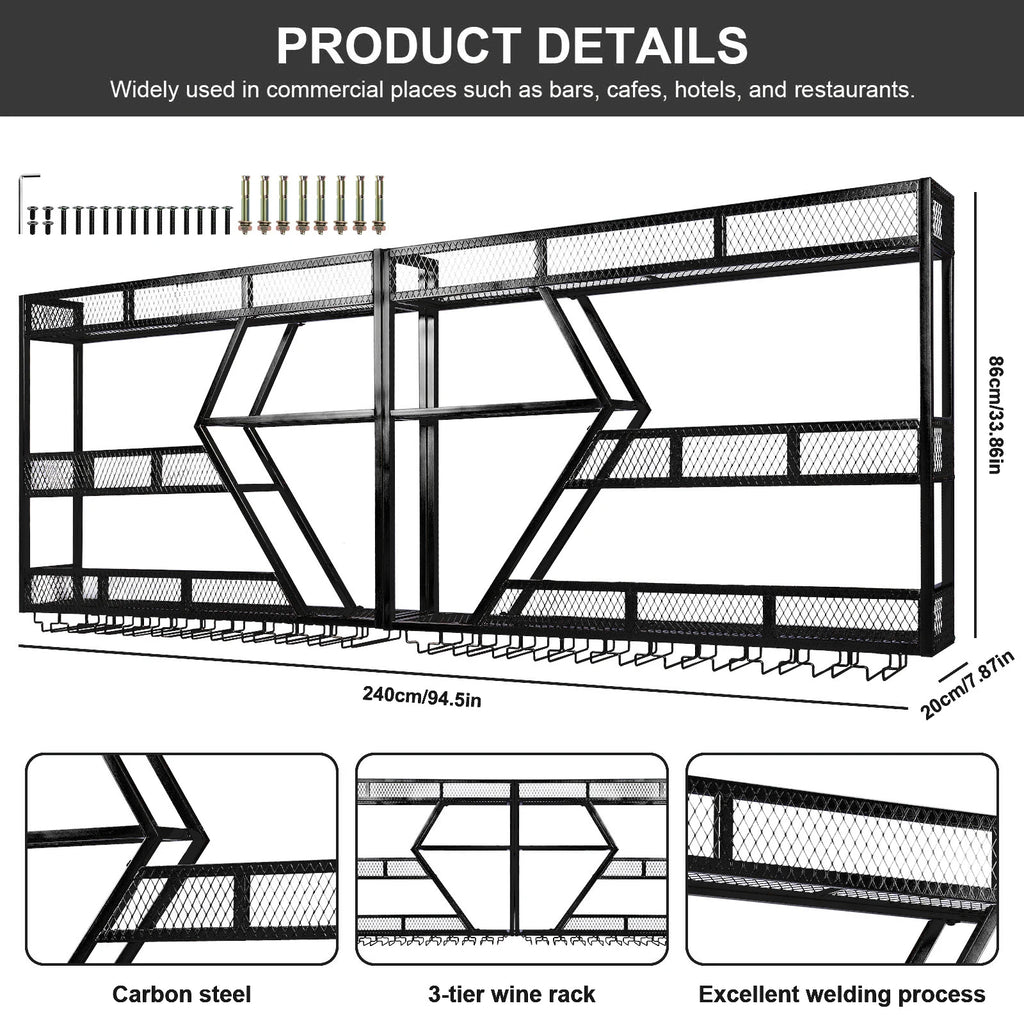 3/4 Tier Wall Mounted Wine Storage Display with Glass Holder