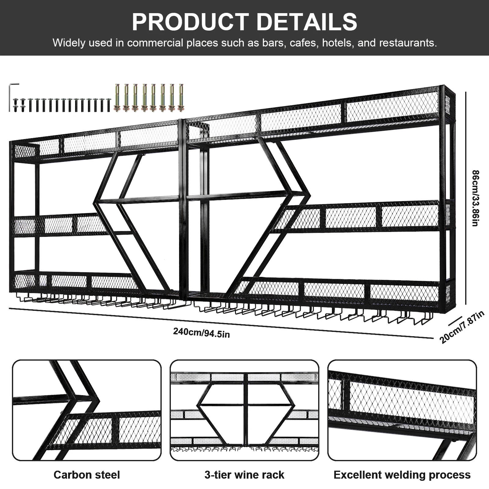 3/4 Tier Wall Mounted Wine Storage Display with Glass Holder
