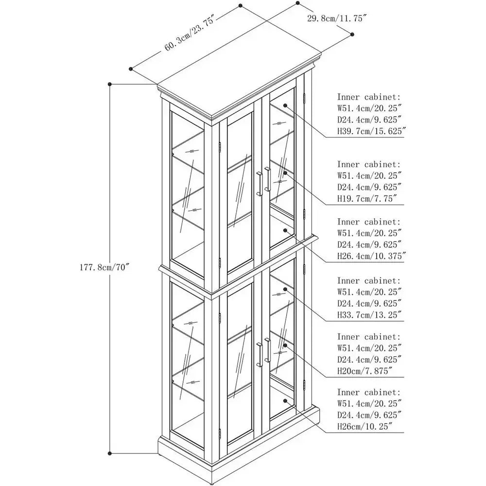 Oak Wooden 6-Shelf Lighted Curio Cabinet with Glass Doors for Living Room Display