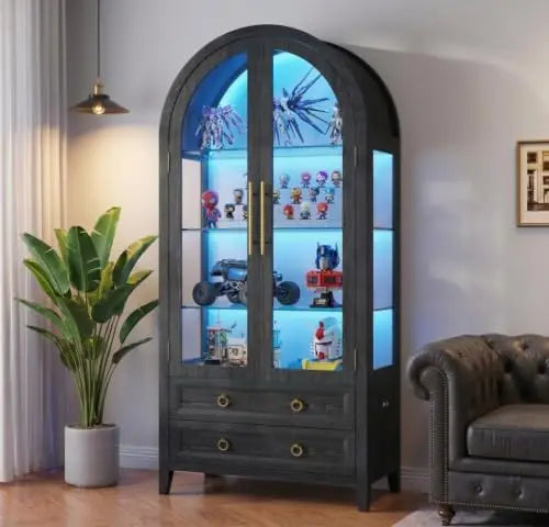 71" Curio Cabinet 4 Tier Shelving with LED Lights, Glass Doors and Drawers