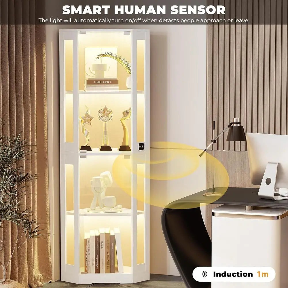 65" Glass Curio Cabinet with LED Lights, 4-Tier Showcase with Glass Do& Human Body Sensor