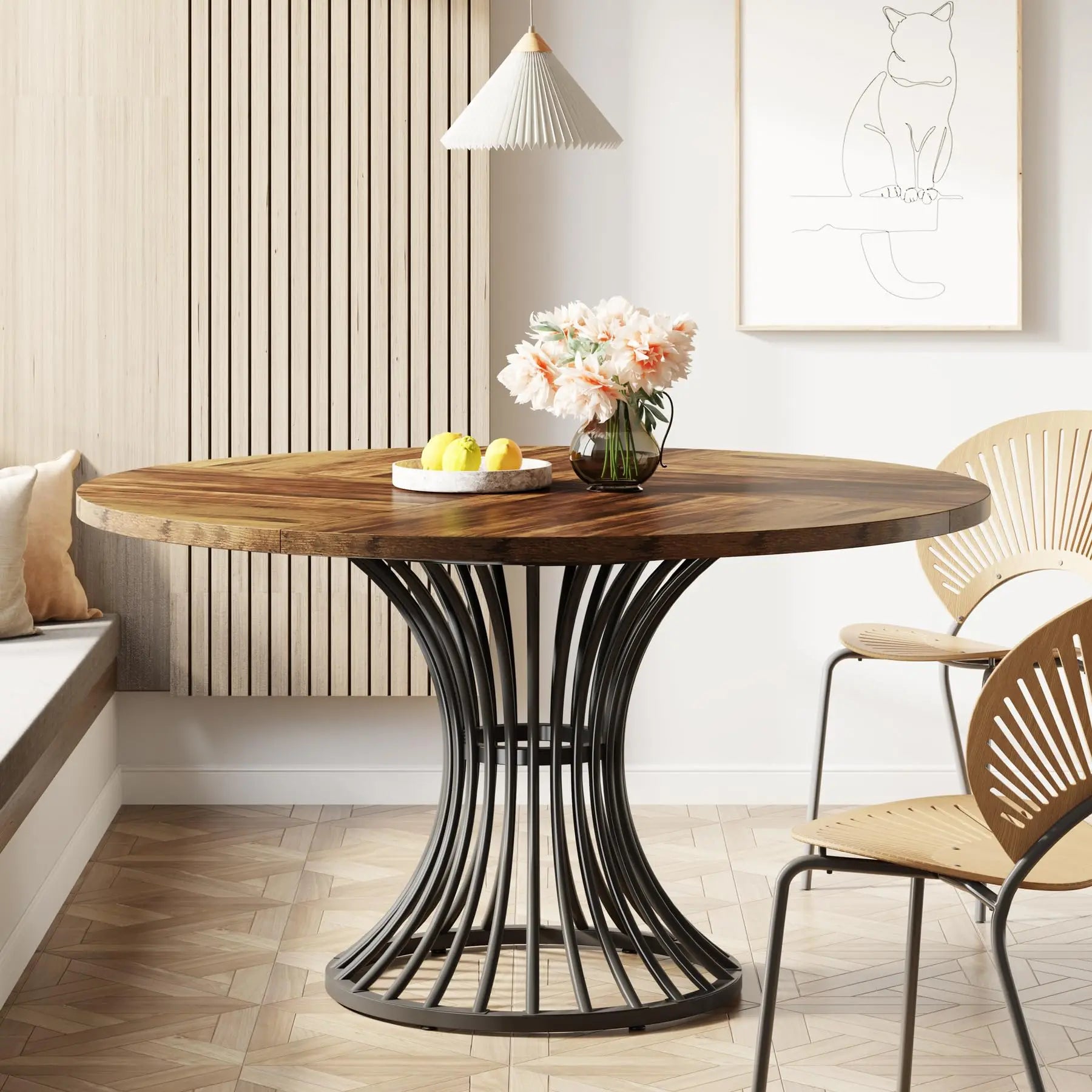 Tribesigns 47" Wooden Round Dining Table with Metal Base for 4-6 People