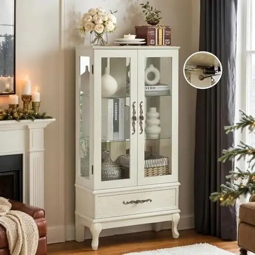 52" Lighted Accent Curio Cabinet, 3-Tier Antique Storage Cabinet with Tempered Glass Adjustable Shelves & Drawer