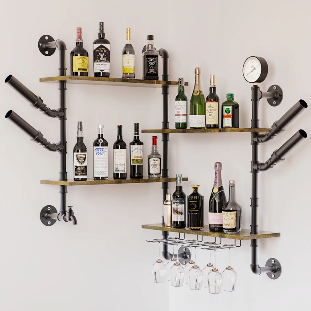 Pipe Bar Liquor Shelf, Floating Shelves with Wine Glass Holder