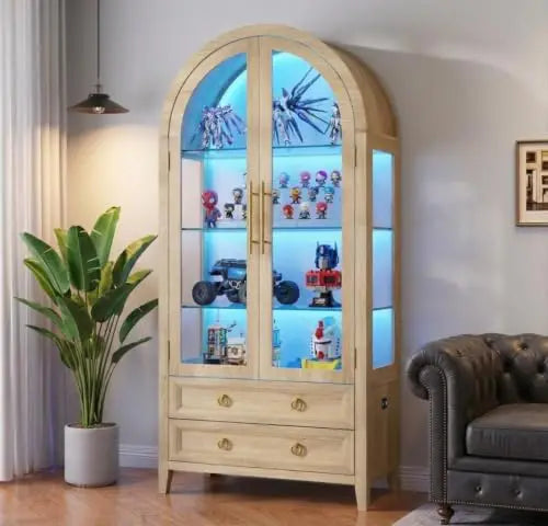 71" Curio Cabinet 4 Tier Shelving with LED Lights, Glass Doors and Drawers