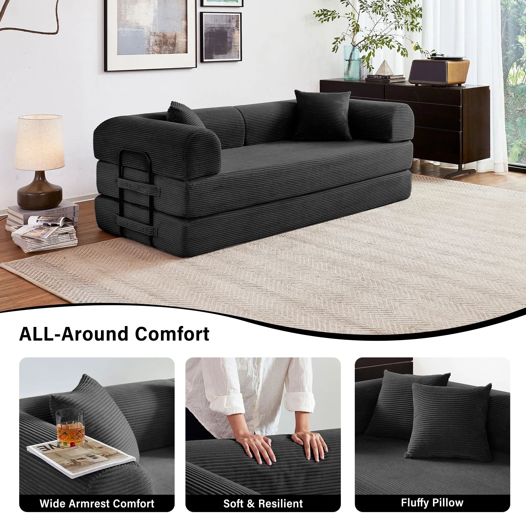 79'' Boneless Couch Convertible Futon Sleeper Sofa with L-Shaped Armrests