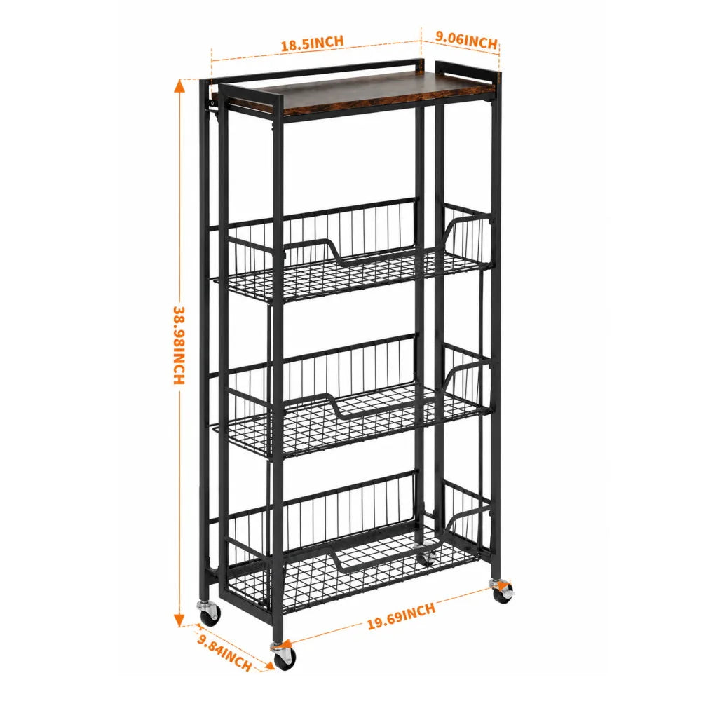 Large 4-Tier Foldable Storage Cart with Lockable Casters, 100 lbs. Capacity Expandable Kitchen Organizer