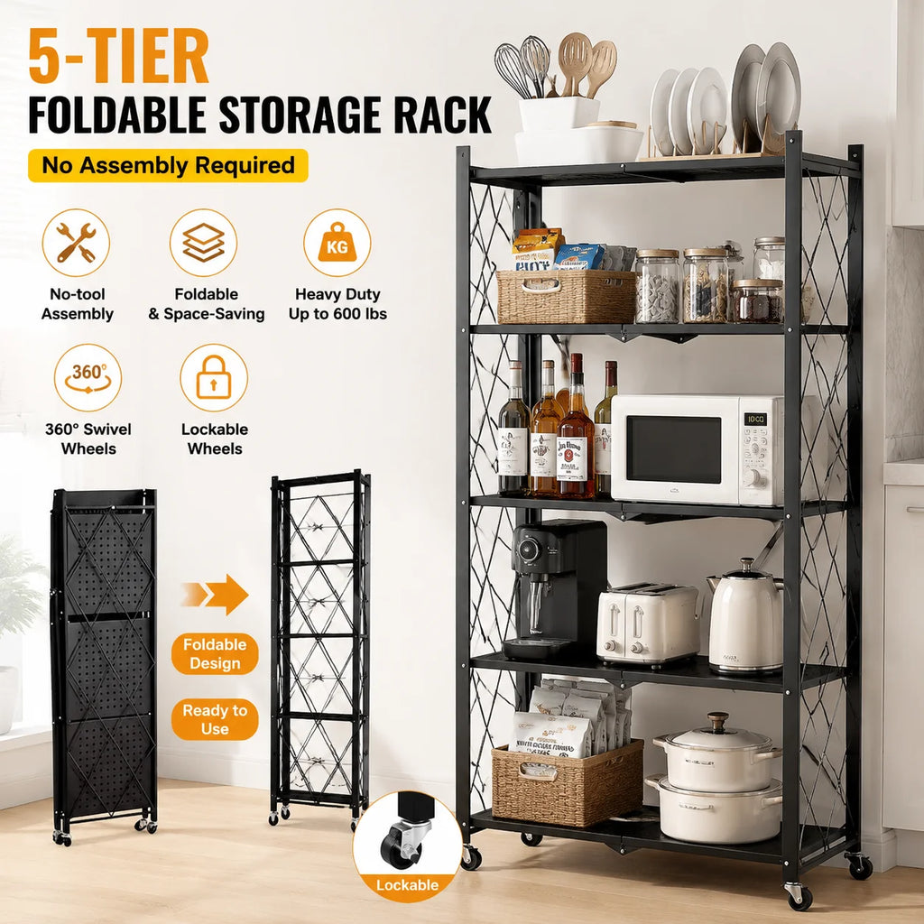 Heavy Duty 5-Tier Collapsible Metal Storage Rack with Wheels