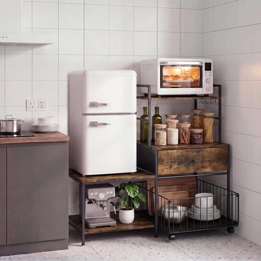 260 lb. L-Shaped Utility Bakers Rack with Mini Fridge Space, 5-Tier Microwave Stand and Coffee Station