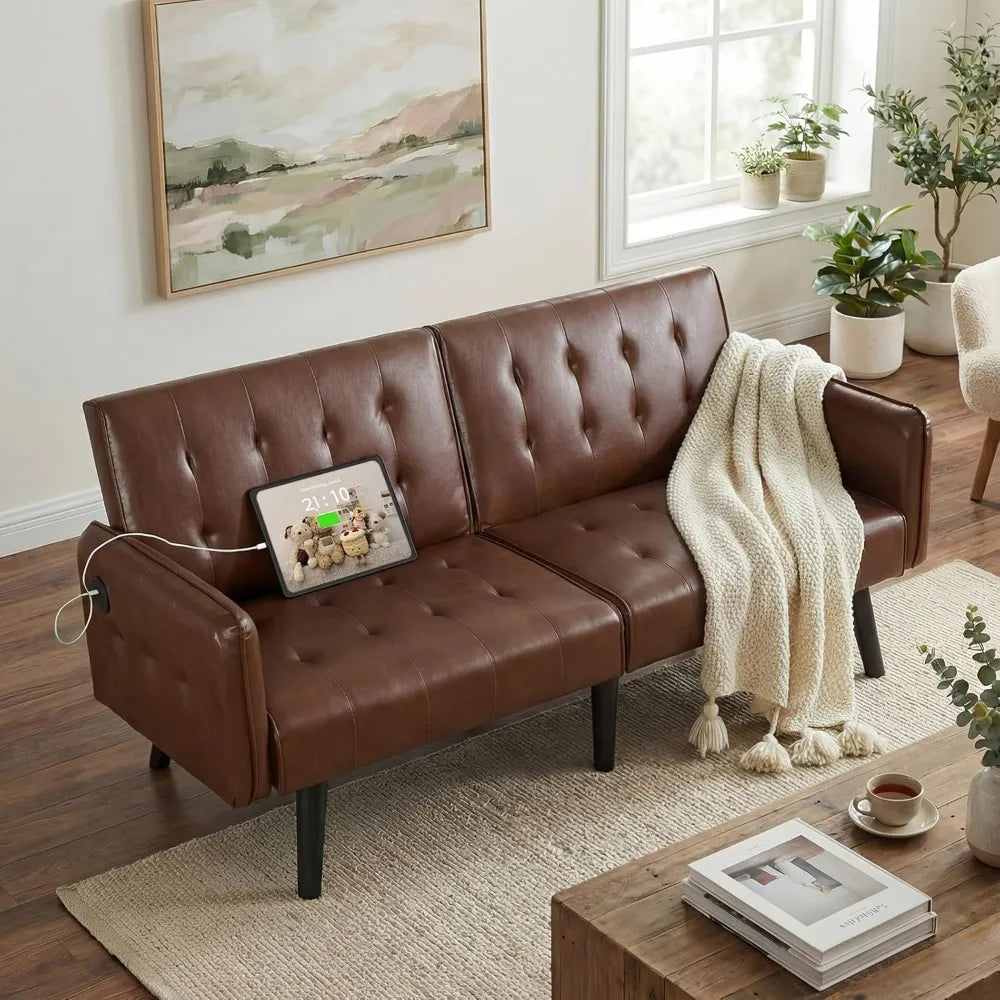 TYBOATLE Brown Faux Leather Futon Sofa Bed Convertible Sleeper Loveseat 2 USB Ports