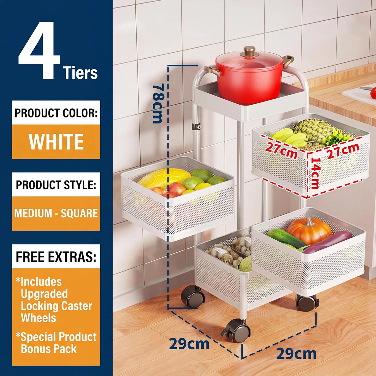 4/5-Tier Thickened Carbon Steel Rotating Storage Cart With Wheels