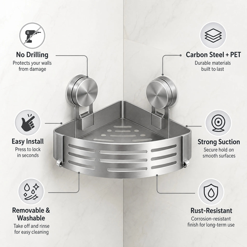 Suction Corner Space Shower Wall Mount Storage Basket