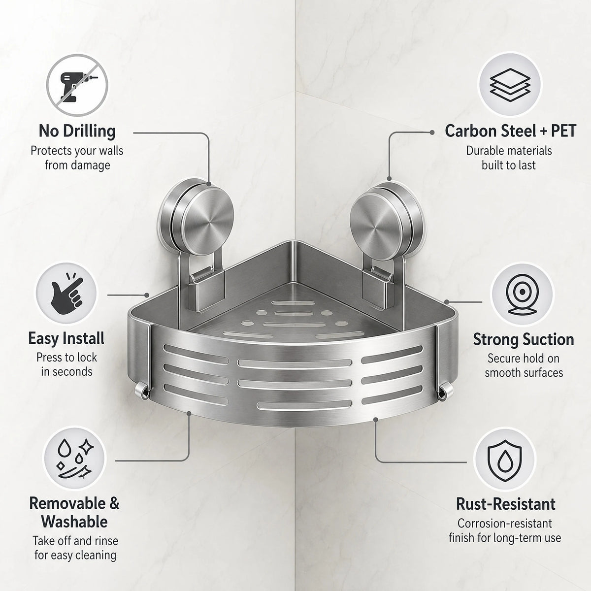 Suction Corner Space Shower Wall Mount Storage Basket