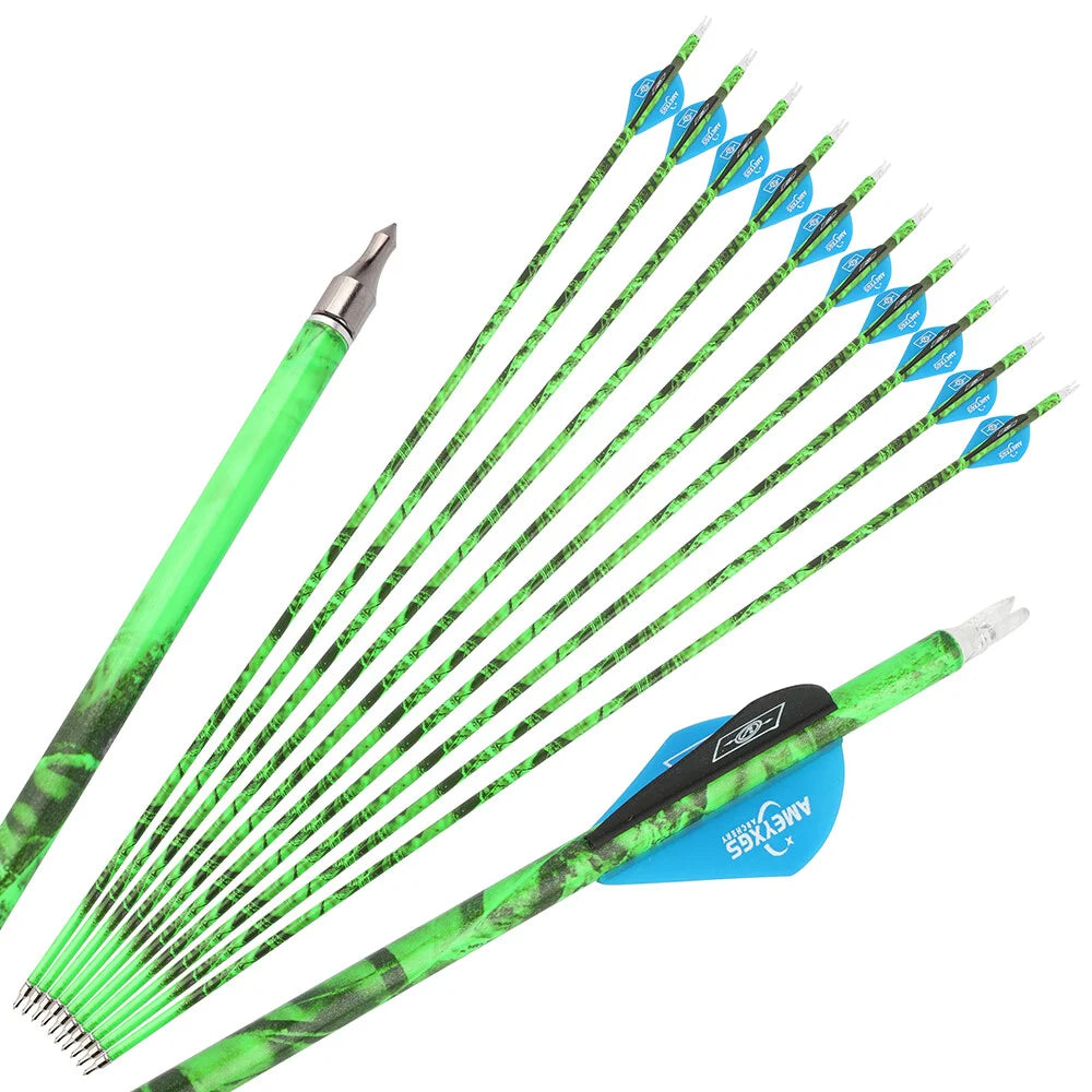 Archery Arrows 30 Inch Camo Mixed Carbon Spine 500 ID6.2mm with Rubber Vanes for Hunting