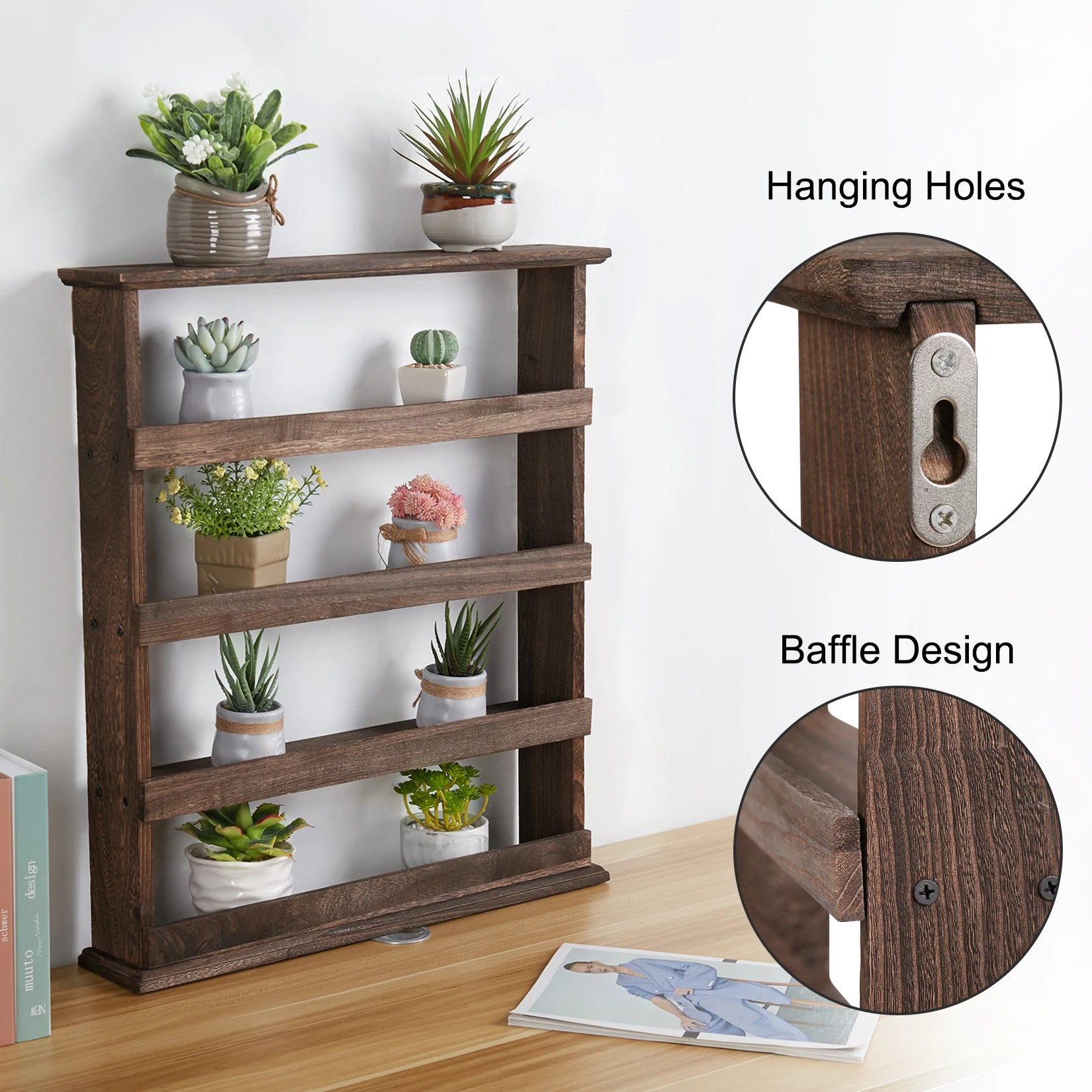 Rustic Torched Wood Wall Mounted 4-Tier Spice Rack