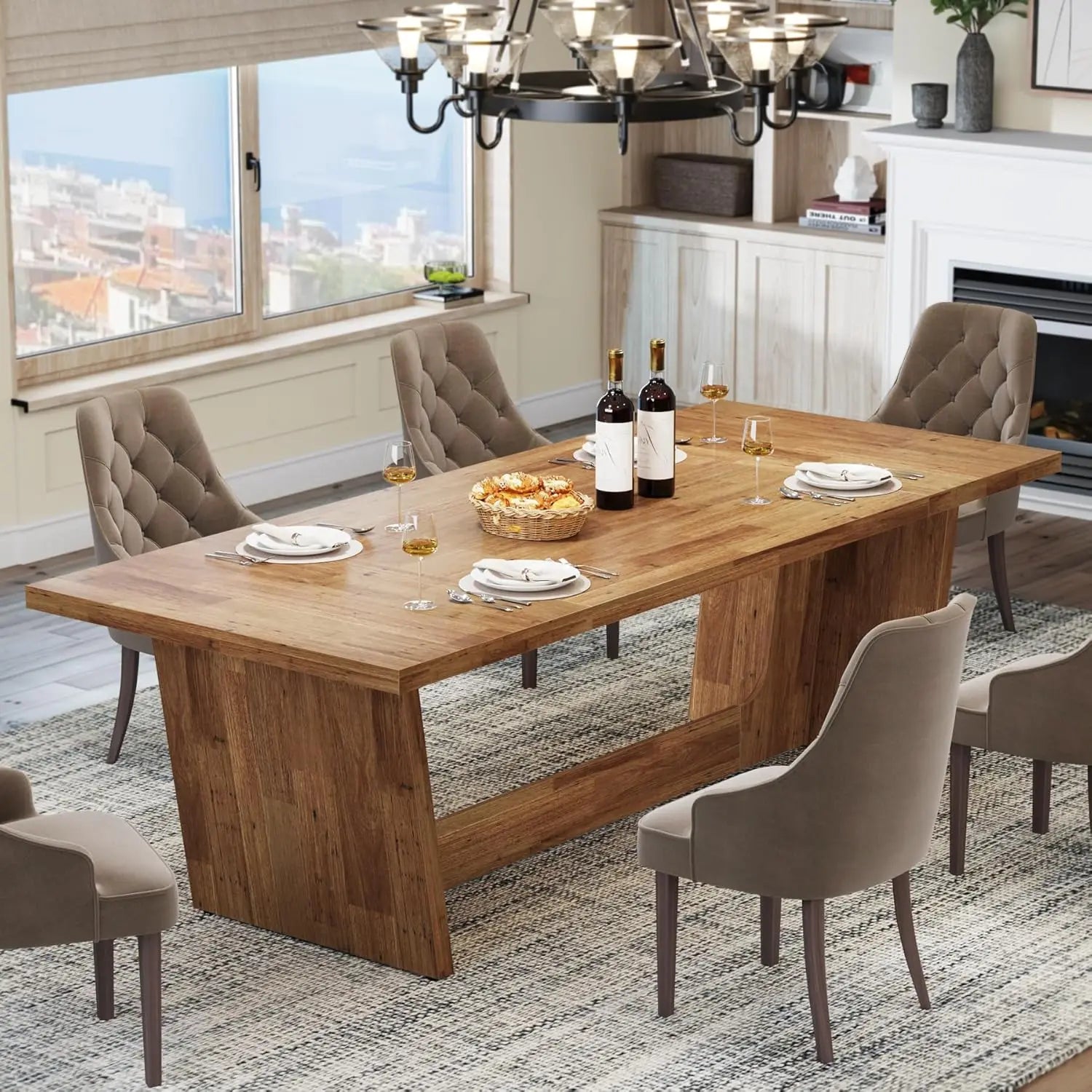 Rectangular Farmhouse Kitchen Table with Solid Pedestal