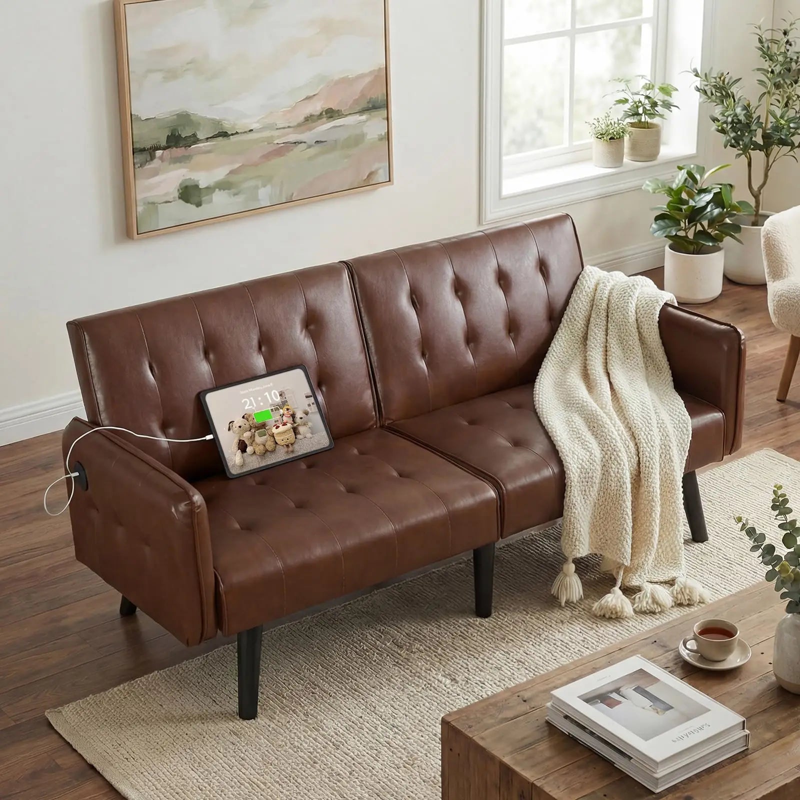 TYBOATLE Brown Faux Leather Futon Sofa Bed Convertible Sleeper Loveseat 2 USB Ports