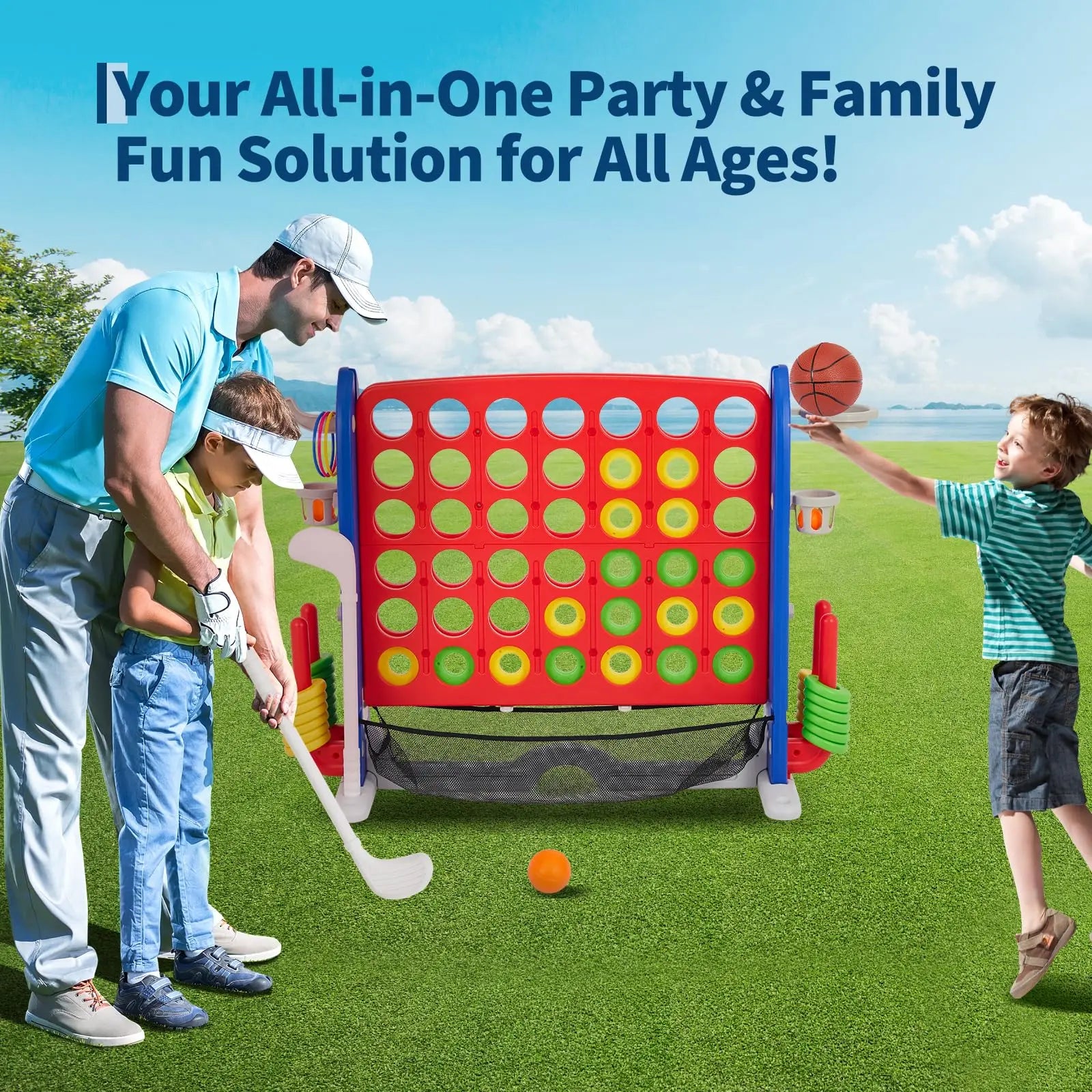 Adjustable Height Giant 4-in-1 Jumbo Connect Four with Basketball, Ring Toss, and Golf with Red Storage Bag