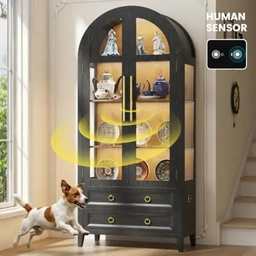 71" Curio Cabinet 4 Tier Shelving with LED Lights, Glass Doors and Drawers