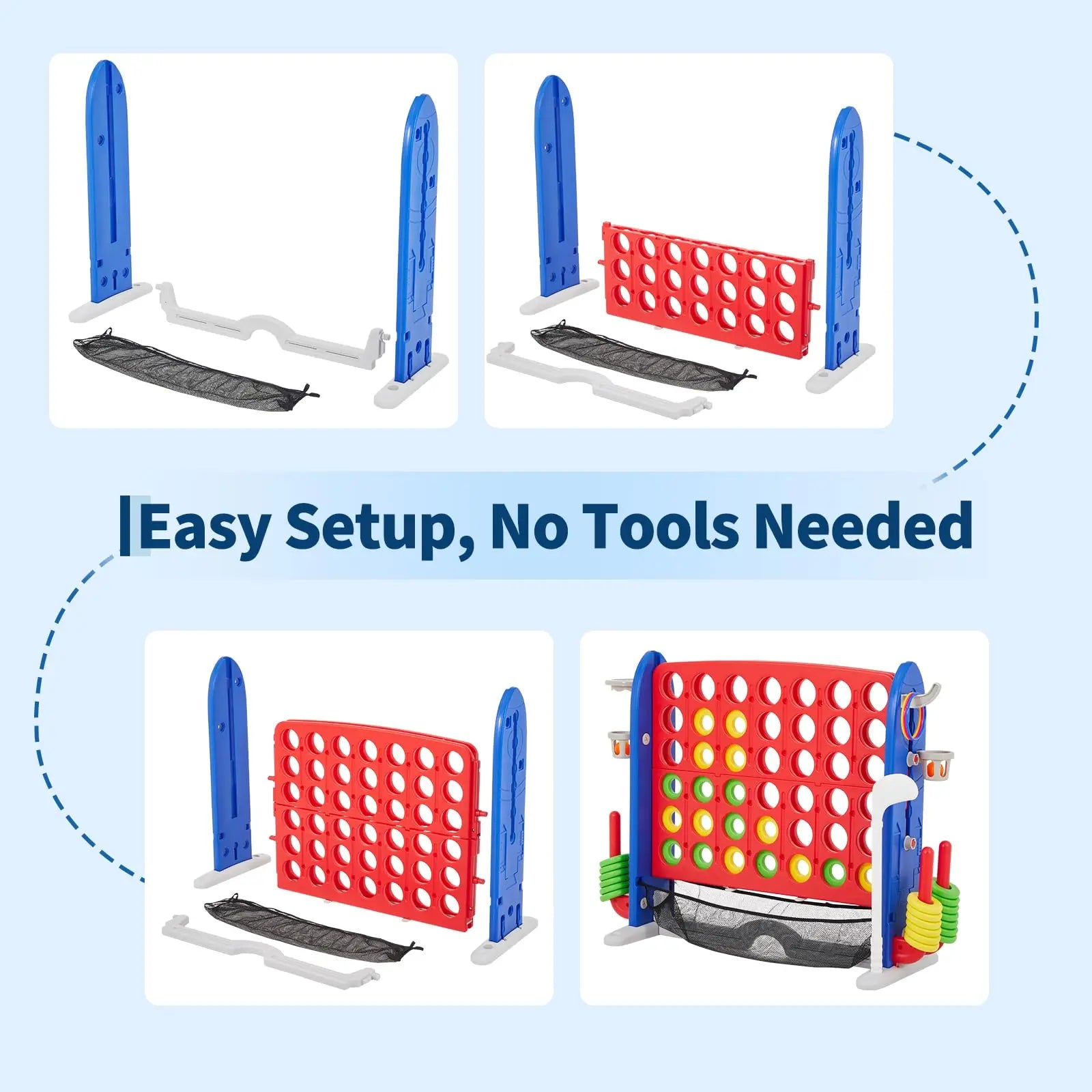 Adjustable Height Giant 4-in-1 Jumbo Connect Four with Basketball, Ring Toss, and Golf with Red Storage Bag